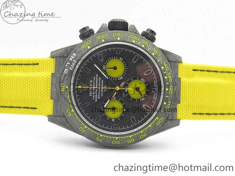 0102 Supportive Daytona DIW Carbon Case and Bezel Black Yellow Dial on Yellow Nylon Strap A 3220